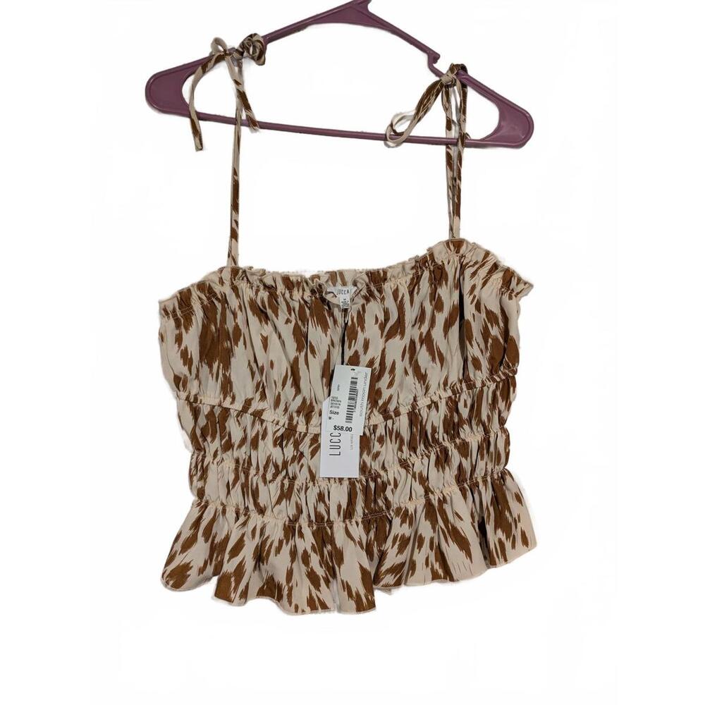 LUCCA Smocked Crop Top in Brown and Cream Polyester Medium